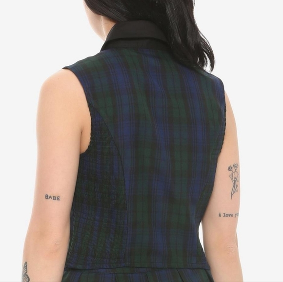 Hot Topic Green Blue Plaid Flannel Sleeveless Button Up Collared Vest 90s y2k - Picture 9 of 9